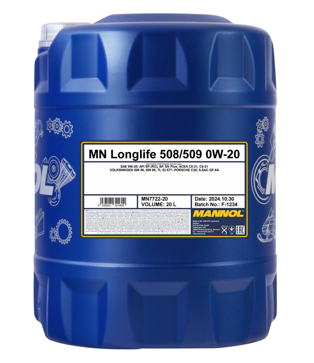 7722-020 масло мот.синт. Longlife 508/509 0W-20  (20л.) MANNOL; API SP (RC) ACEA C5