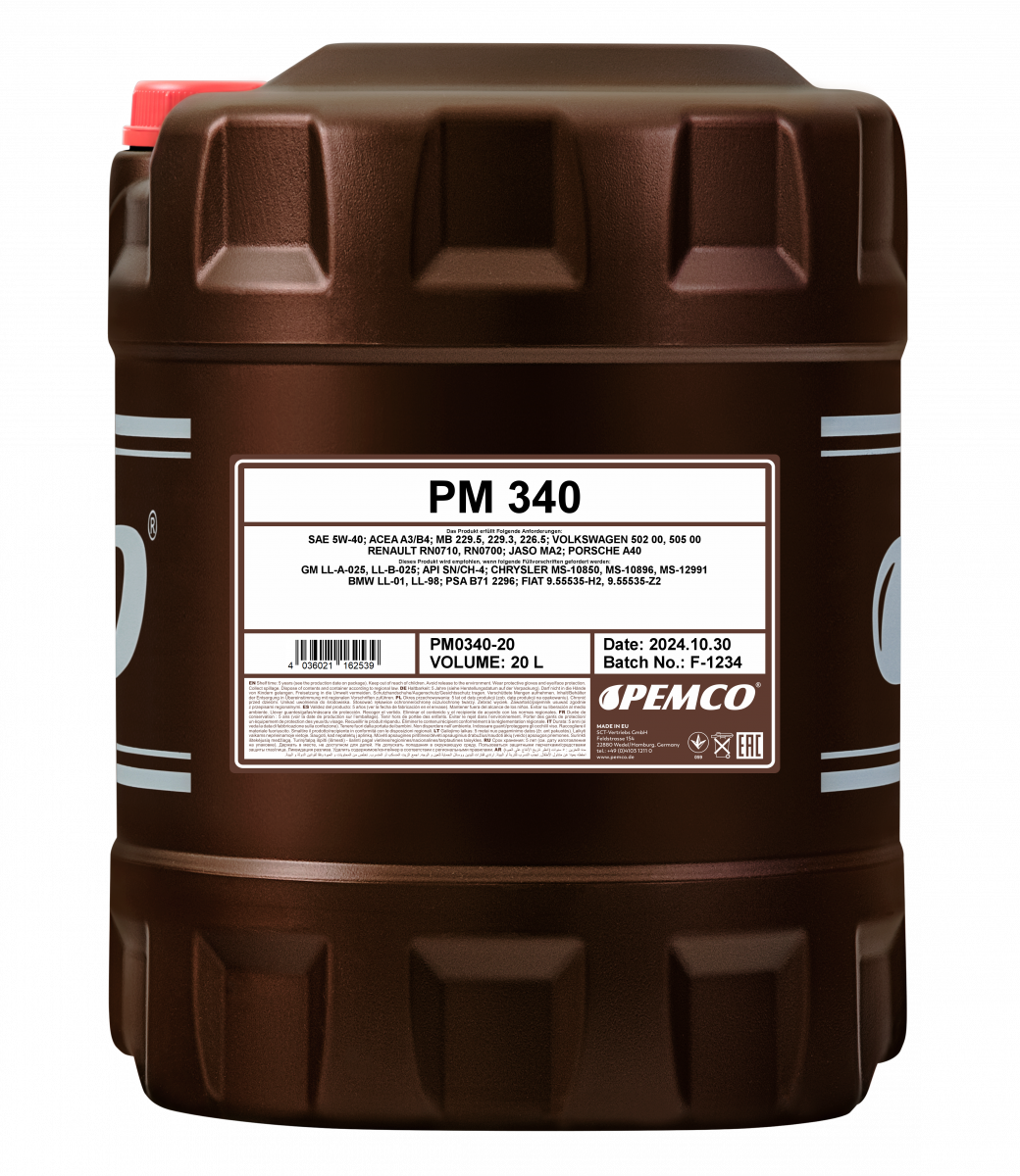 Масло моторное синтетическое универсальное всесезонное 340 SAE 5W-40 (20л) Pemco